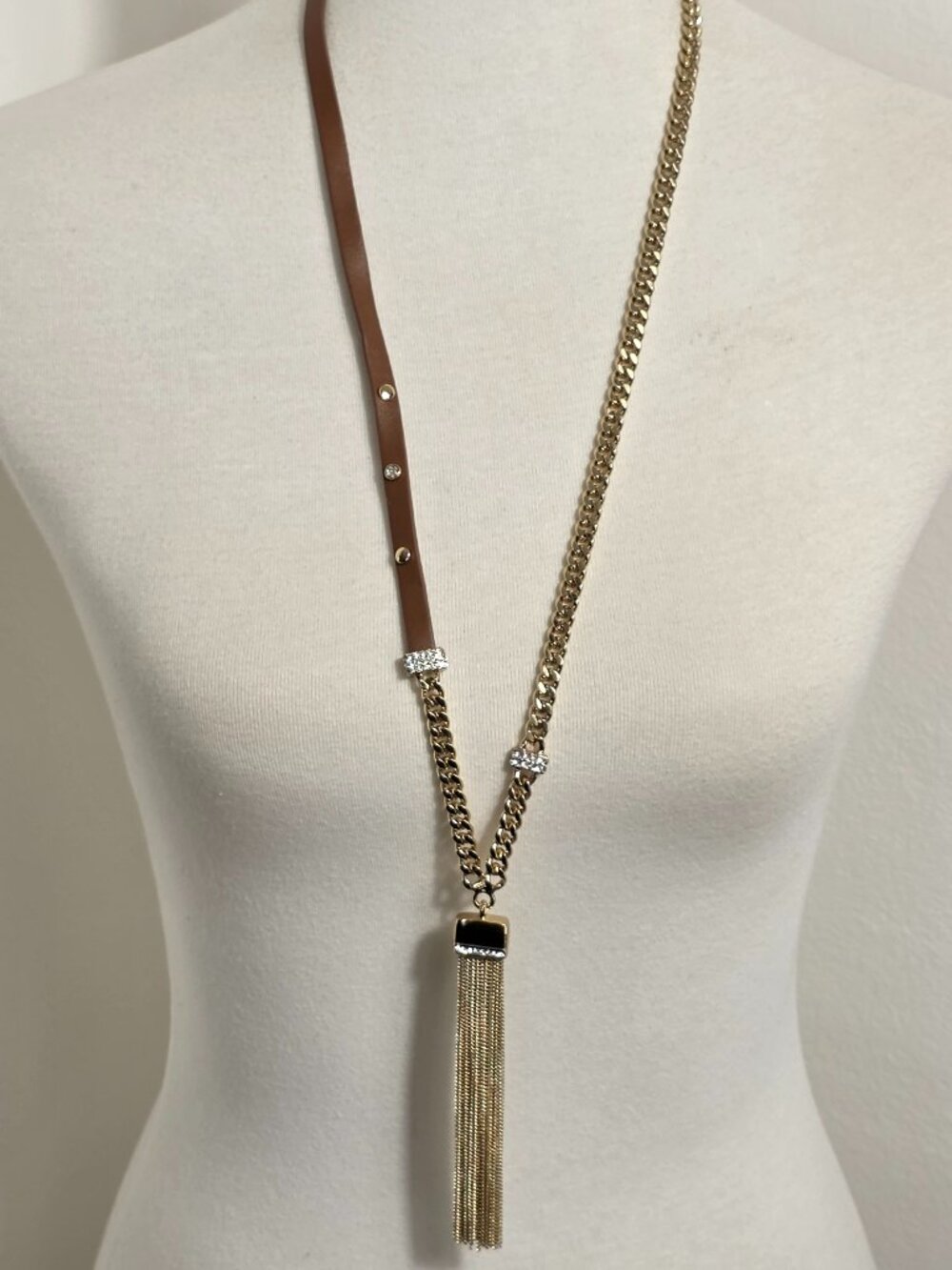 White House Black Market Genuine Leather & Gold-Tone Chain Tassel Necklace NEW